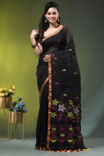 Black linen saree with floral woven pallu