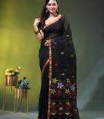 Black linen saree with floral woven pallu