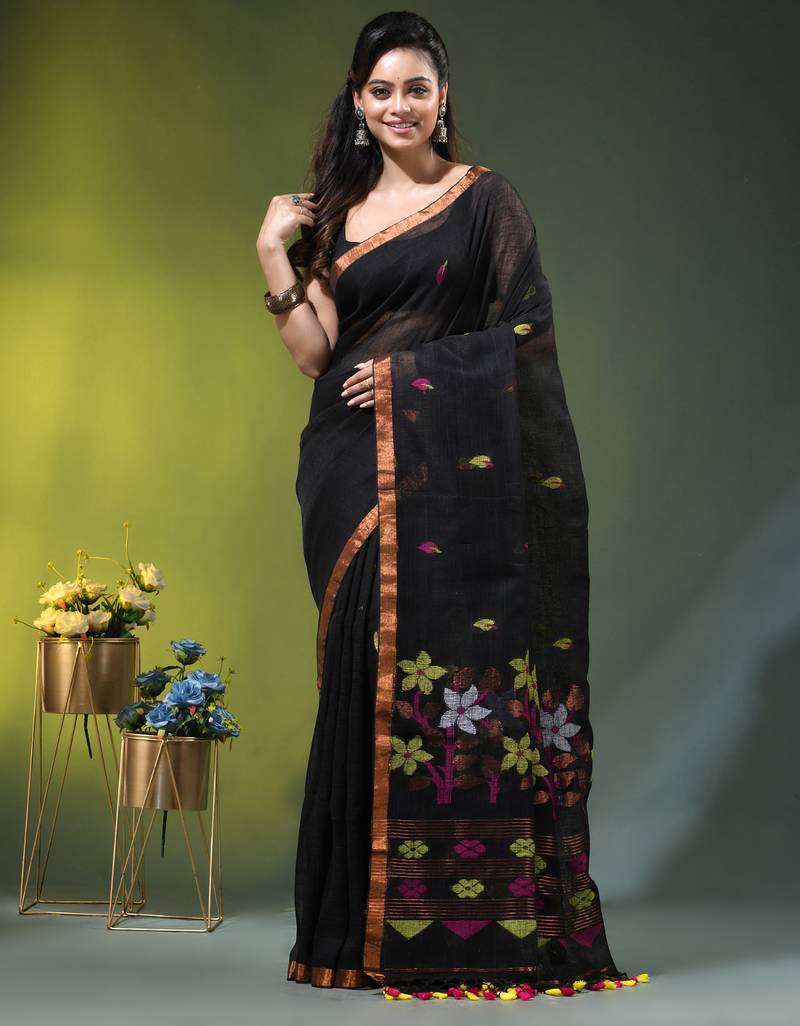 Black linen saree with floral woven pallu