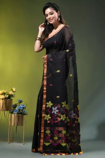 Black linen saree with floral woven pallu