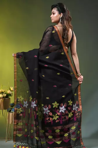 Black linen saree with floral woven pallu
