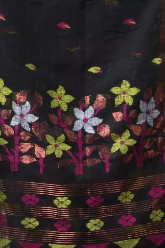 Black linen saree with floral woven pallu