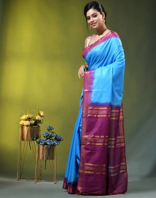 sky blue & purple silk blend saree with zari border 2