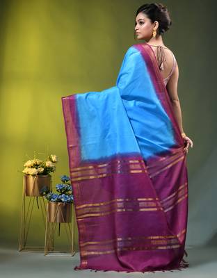 sky blue & purple silk blend saree with zari border 3