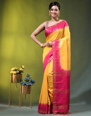 yellow & pink silk blend saree with zari border 1
