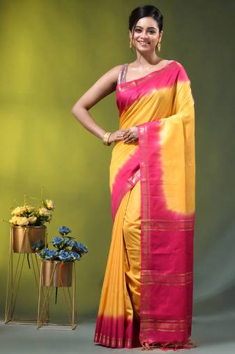 yellow & pink silk blend saree with zari border