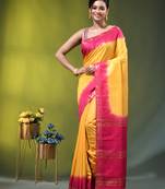 yellow & pink silk blend saree with zari border