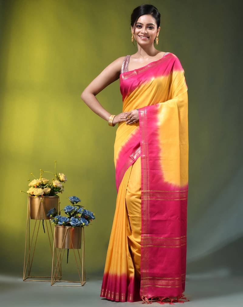 yellow & pink silk blend saree with zari border