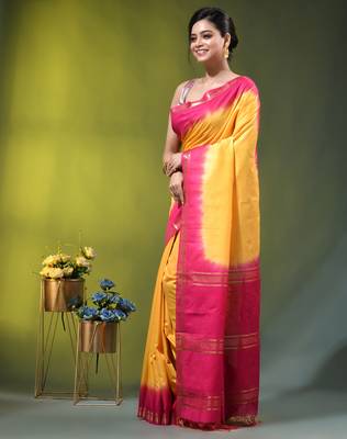 yellow & pink silk blend saree with zari border 2