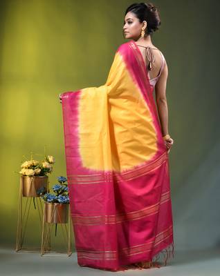 yellow & pink silk blend saree with zari border 3