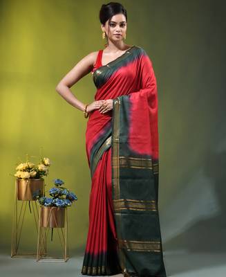 red & green silk blend saree with zari border 1