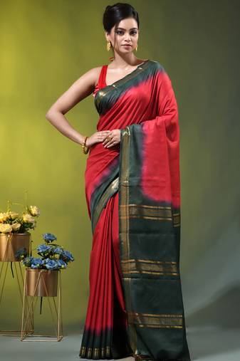 red & green silk blend saree with zari border