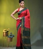 red & green silk blend saree with zari border
