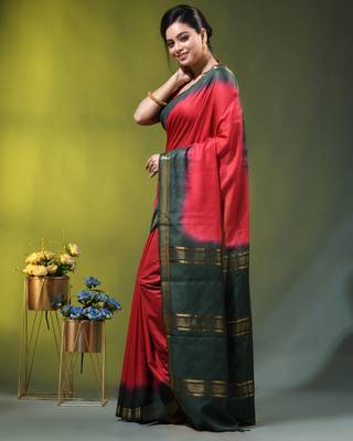 red & green silk blend saree with zari border 2