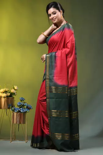 red & green silk blend saree with zari border