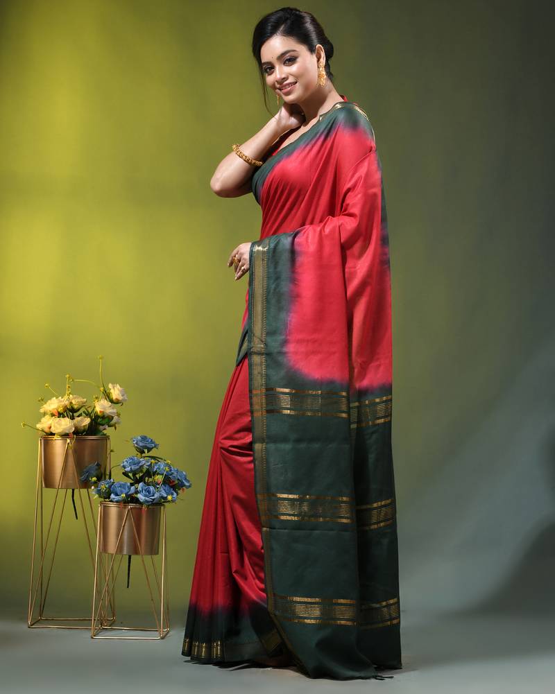 red & green silk blend saree with zari border