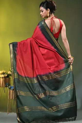 red & green silk blend saree with zari border