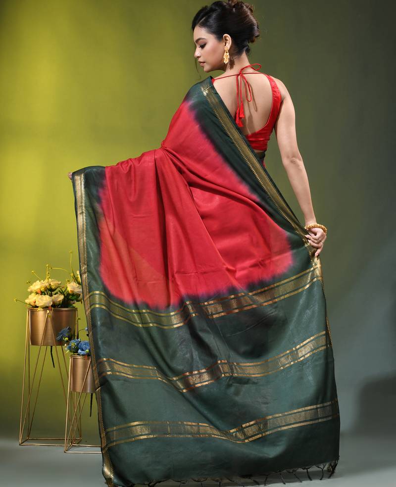 red & green silk blend saree with zari border