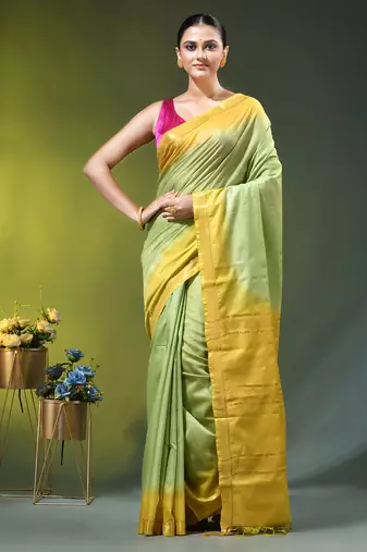 pistachio green & yellow silk blend saree with zari border