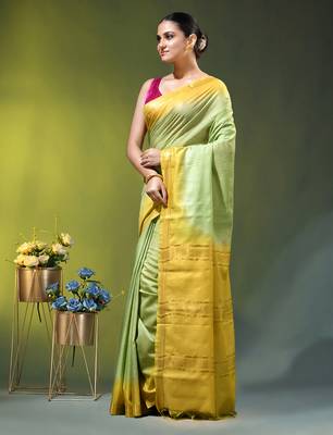 pistachio green & yellow silk blend saree with zari border 2