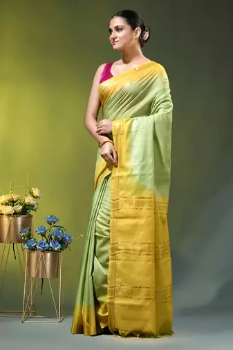 pistachio green & yellow silk blend saree with zari border