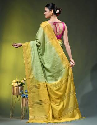 pistachio green & yellow silk blend saree with zari border 3