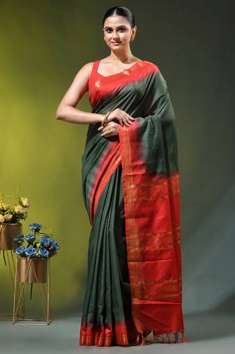 green & red silk blend saree with zari border