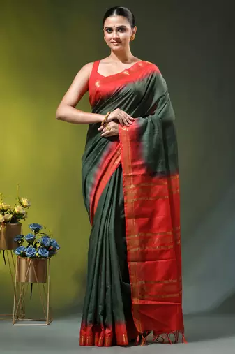 green & red silk blend saree with zari border