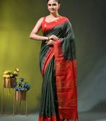 green & red silk blend saree with zari border