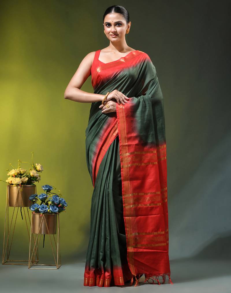 green & red silk blend saree with zari border