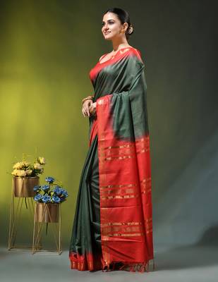 green & red silk blend saree with zari border 2