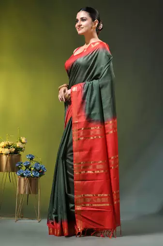 green & red silk blend saree with zari border