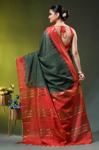 green & red silk blend saree with zari border