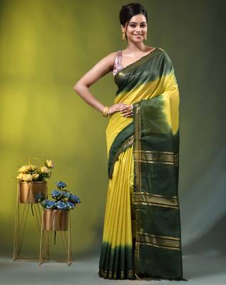 lemon yellow & green silk blend saree with zari border 1