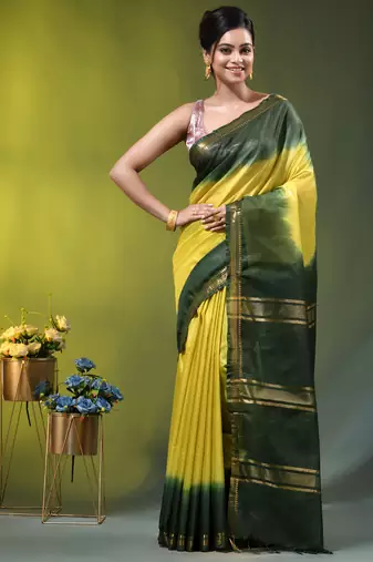 lemon yellow & green silk blend saree with zari border