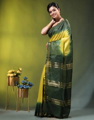 lemon yellow & green silk blend saree with zari border 2