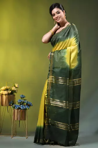 lemon yellow & green silk blend saree with zari border