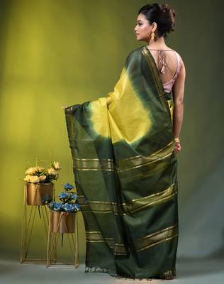 lemon yellow & green silk blend saree with zari border 3