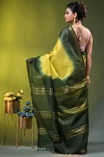 lemon yellow & green silk blend saree with zari border