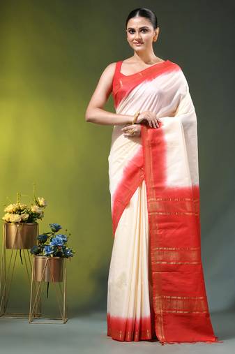 off white & red silk blend saree with zari border