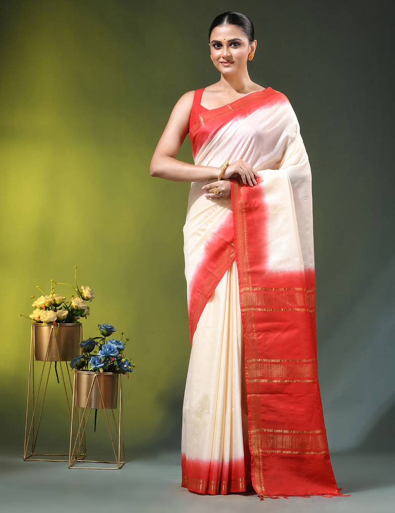 off white & red silk blend saree with zari border