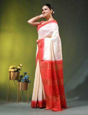 off white & red silk blend saree with zari border 2