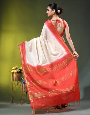off white & red silk blend saree with zari border 3