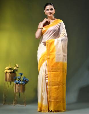 off white & yellow silk blend saree with zari border 1