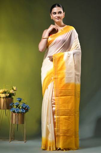off white & yellow silk blend saree with zari border