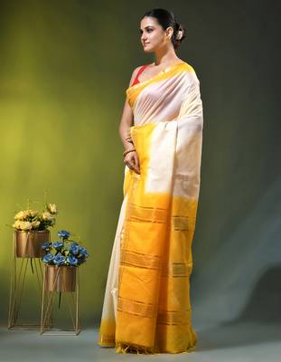off white & yellow silk blend saree with zari border 2