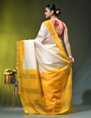 off white & yellow silk blend saree with zari border 3