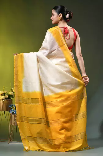 off white & yellow silk blend saree with zari border
