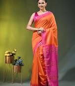 orange & pink silk blend saree with zari border