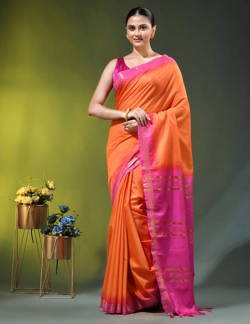 orange & pink silk blend saree with zari border